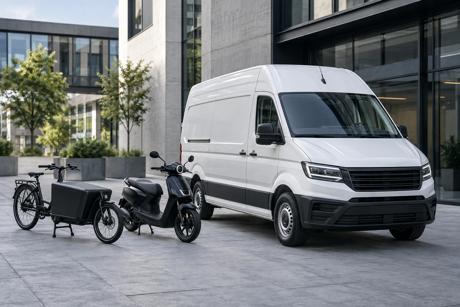 Illustration: FleetNow Transporter, Roller und Fahrrad